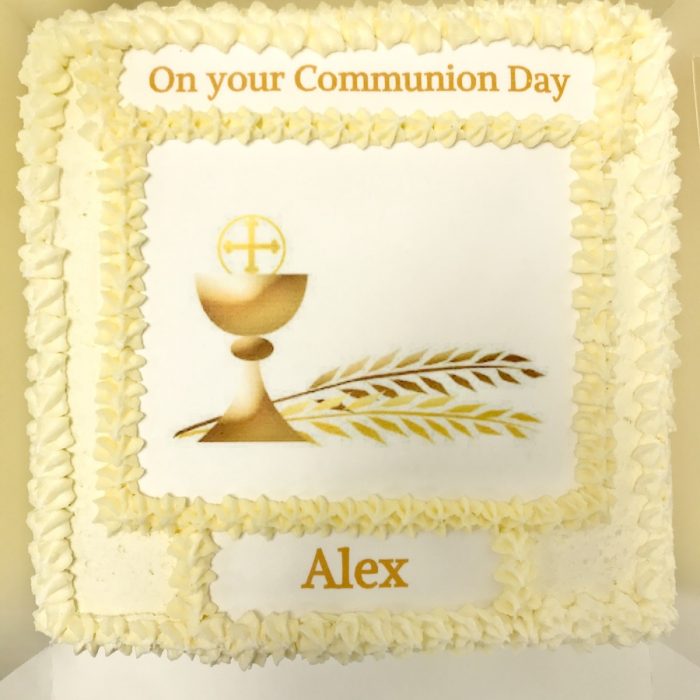 Square cake with image of communion