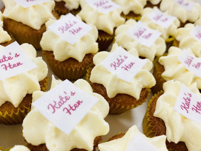 Mini cupcakes with "Kate's Hen" written